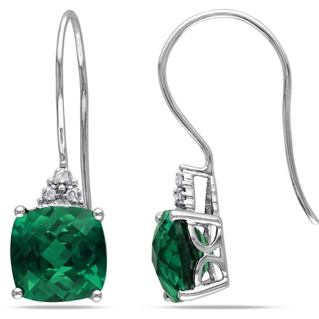5-3/8 Carat T.G.W. Cushion-Cut Created Emerald and Diamond-Accent 10kt White Hook Earrings