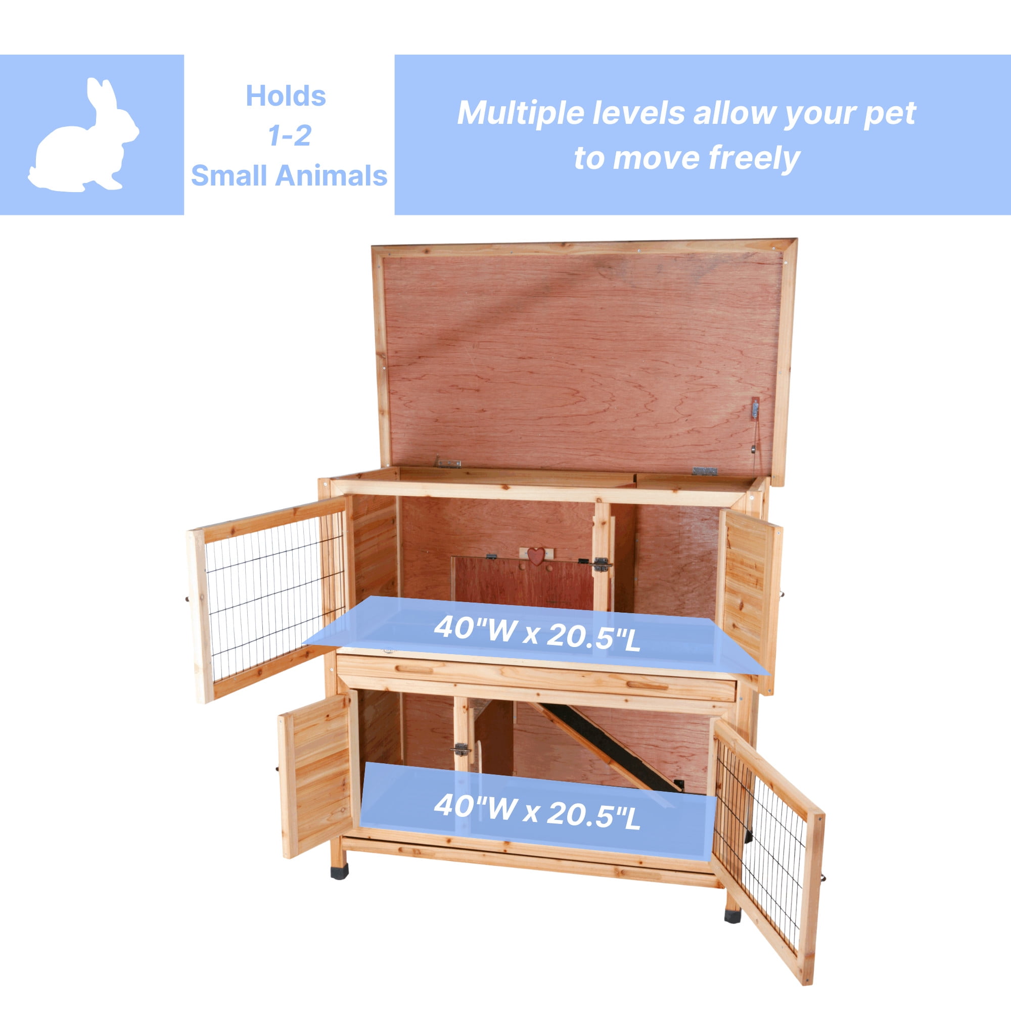 TRIXIE natura Double Weatherproof Outdoor 2-Story Wooden Small Animal Hutch with & Pull-Out Trays & Ramp, Brown