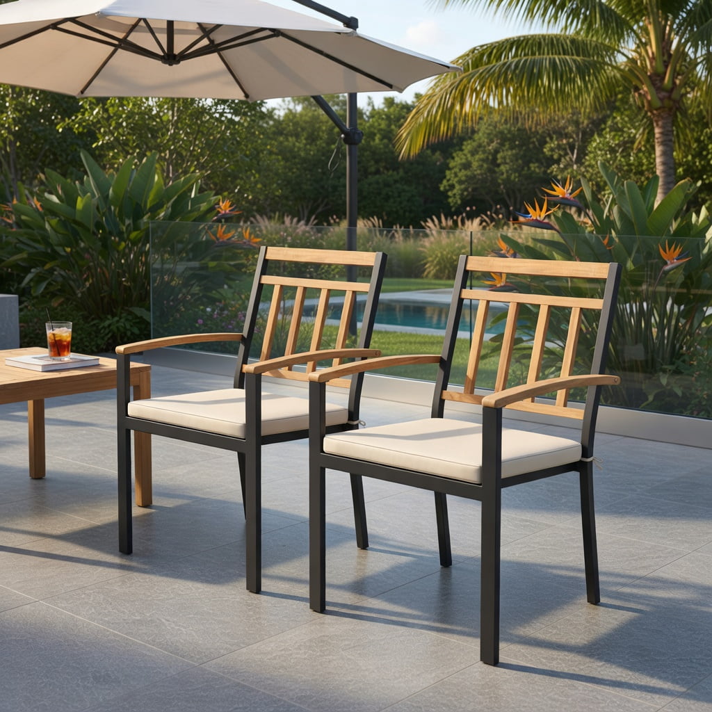 Hommoo 2-Pack Modern Patio Dining Chairs with Removable Cushions, Acacia Wood Outdoor Chairs, Ergonomic Design, Easy-Clean Fabric Seats, Black & Natural