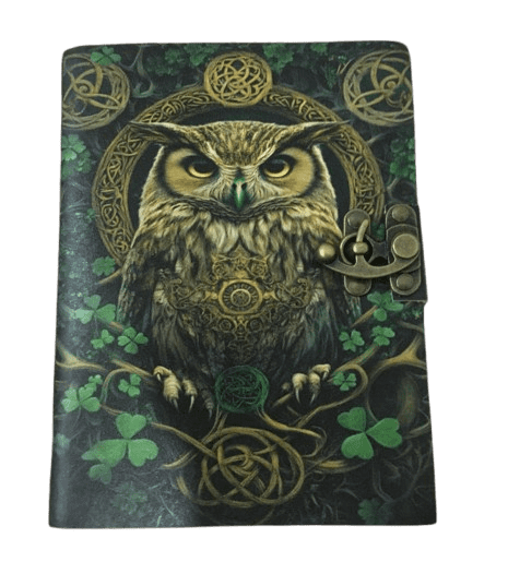Handmade Leather Journal with Celtic Owl Artwork – 5x7 Inch Vintage Deckle Paper Notebook, 200 Pages
