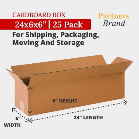 PARTNERS BRAND 24x6x6 Long Corrugated Boxes, Long, 24L x 6W x 6H, Pack of 25 | Shipping, Packaging, Moving, Storage Box for Home or Business, Strong Wholesale Bulk Boxes