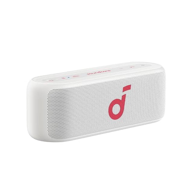 altavoz bluetooth soundcore select 2s de anker, portátil con sonido estéreo de 20 W, vista 3/4 frontal de altavoz blanco rectangular con rejilla perforada y logo rojo en el frente; botones táctiles y puertos en la parte superior, compacto, emparejamiento estéreo inalámbrico, reproducción hasta 16 horas e IPX7 resistente al agua. A menudo se usa para amplificar audio en reuniones pequeñas.