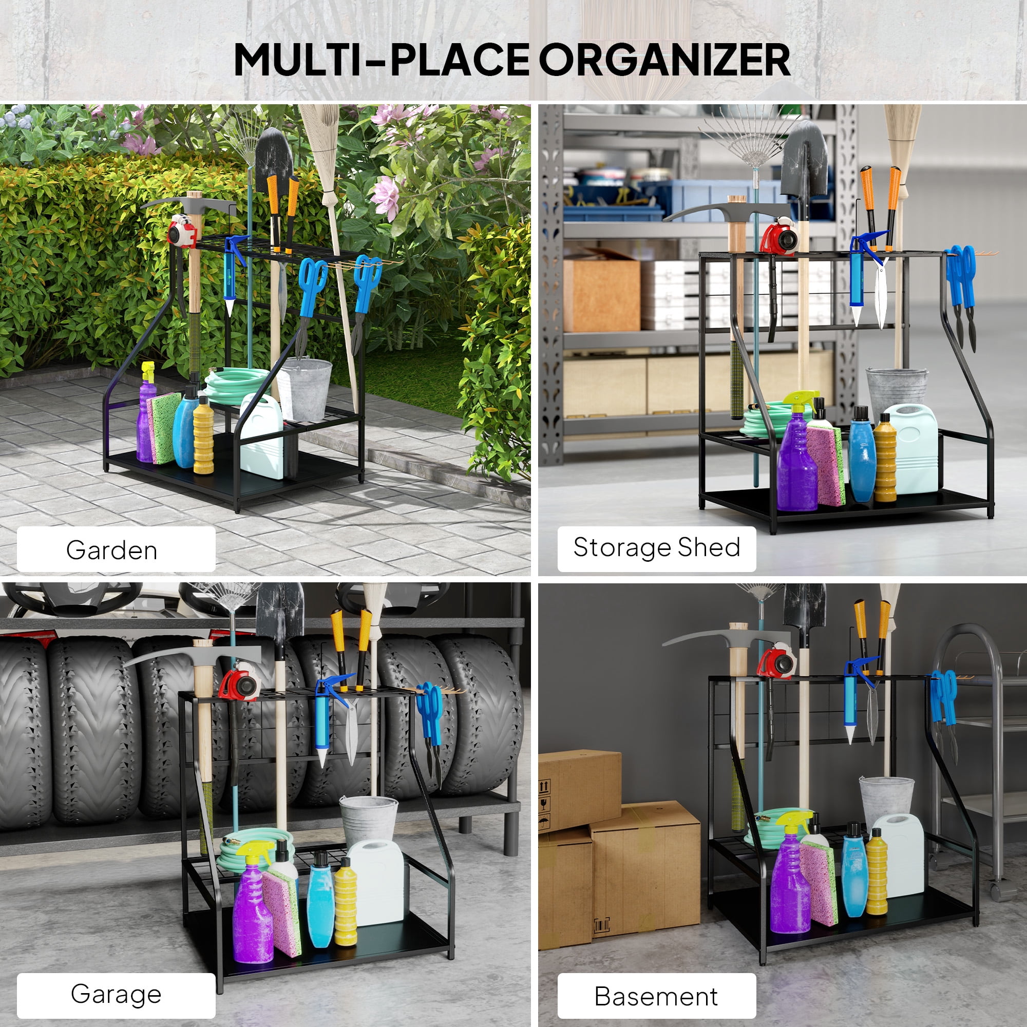 Outsunny Garden Tool Organizer for Garage, 3 Tier Yard Tool Storage Rack with Hooks, Orange
