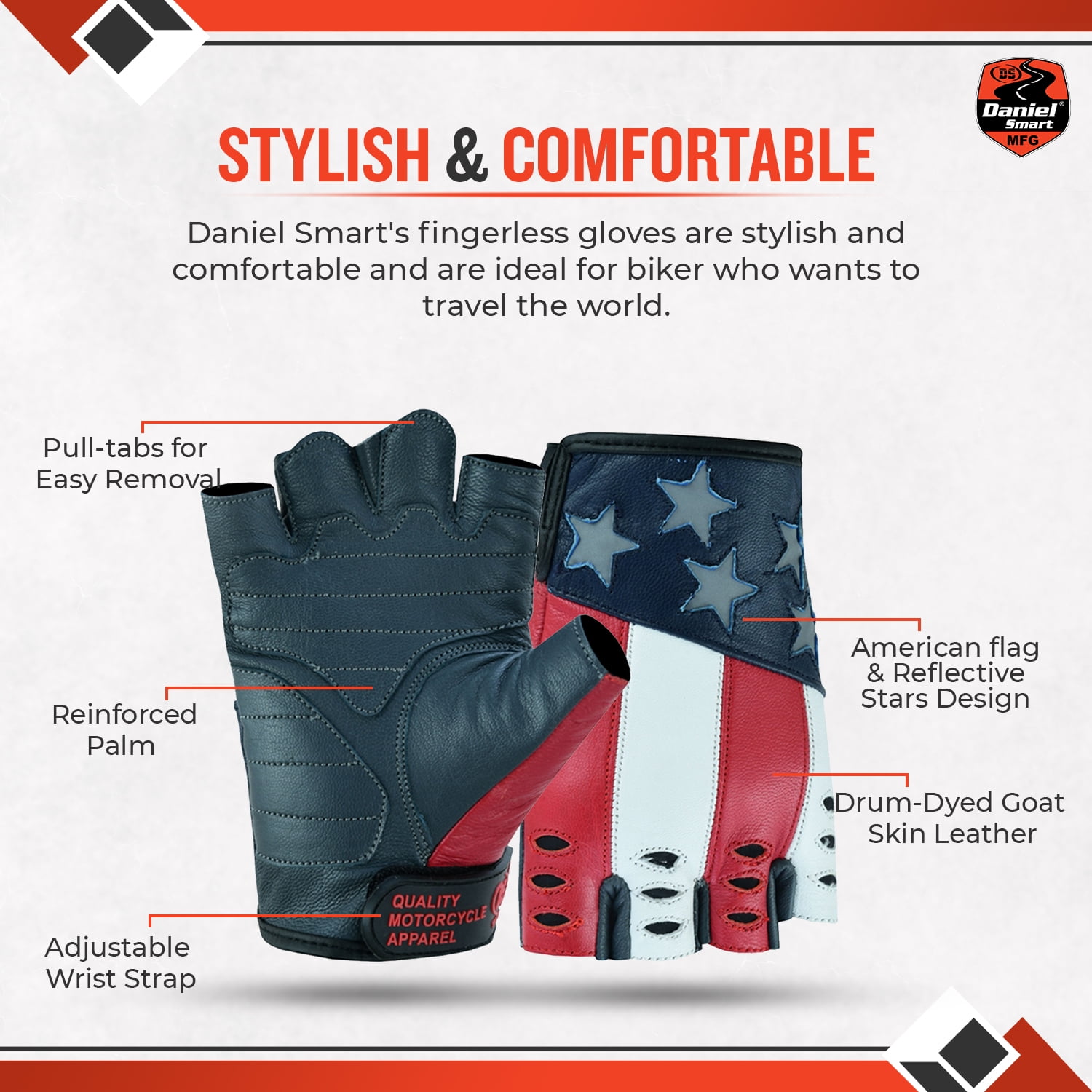 Daniel Smart Goatskin Leather Motorcycle Gloves for Men Fingerless Biker Gloves with American Flag and Reflective Star Design