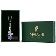 Rhodium Plated Necklace with Butterfly Alighting on a Flower Design with a 16" Extendable Chain and High Quality Purple Crystals by Matashi