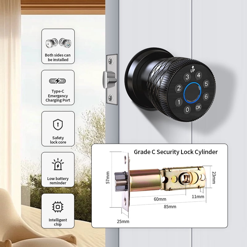 Keyless Entry Fingerprint Door Knob, Smart Biometric Door Lock with Keypad Passcode Door Knob with Auto-Lock for Front Door, Bedroom, Gate & Office