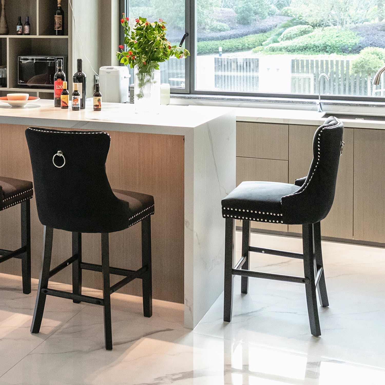 Demi Bonn 40" Counter Height Bar Stools Set of 2, Velvet Upholstered Barstools with Back, Kitchen Island Countertop Chairs for Dining Room, Black