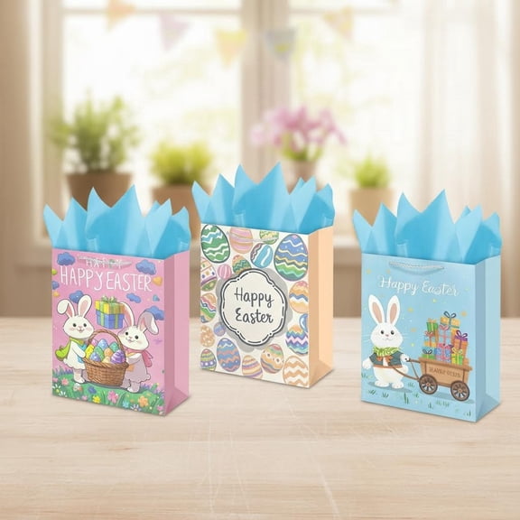 Easter Gift Bags with Tissue Paper, Bags with Handles for Easter Gift Wrap, 4 Designs