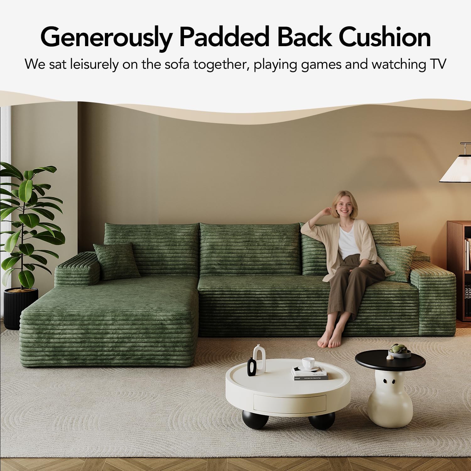 103" Cloud Sectional Sofa, Modern L Shaped Deep Seat Couch, Plush Corduroy Upholstered Sofa No Assembly, Living Room
