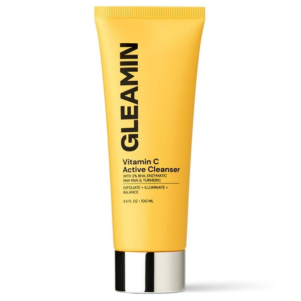 Limpiador activo con vitamina C Gleamin - Crema a espuma - 2% BHA Paw Paw & Cúrcuma para una exfoliación radiante Limpieza de poros Ph Balance | Sin fragancia que no se desprende - 3.4 FL OZ
