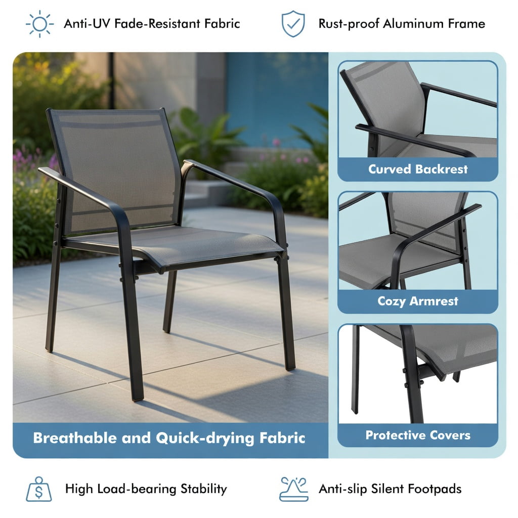 Hommoo 4-Piece Modern Outdoor Patio Furniture Set, Steel Frame with Tempered Glass Table, Loveseat & 2 Armchairs for Deck, Balcony or Backyard, Gray