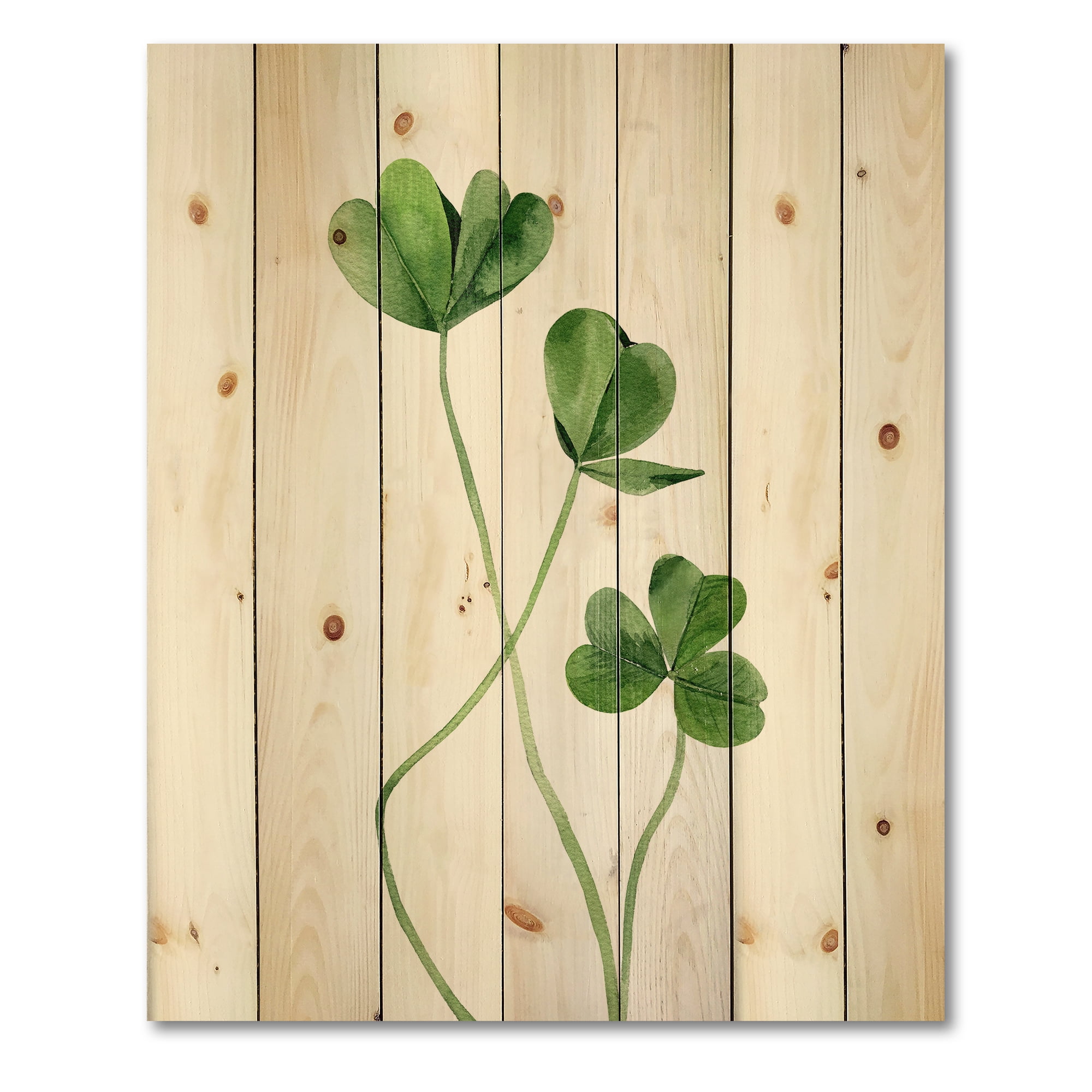 Designart 'Field Green Plant Detail Clover' Farmhouse Print on Natural Pine Wood
