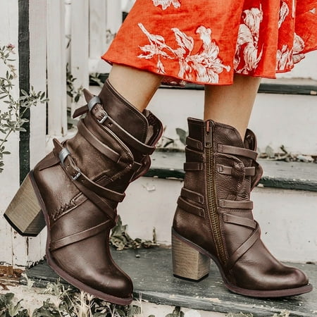 

Midewhik Women s Winter Fashion Squared Heel Vintage Round Toe Zip Up Combat Boots Shoes