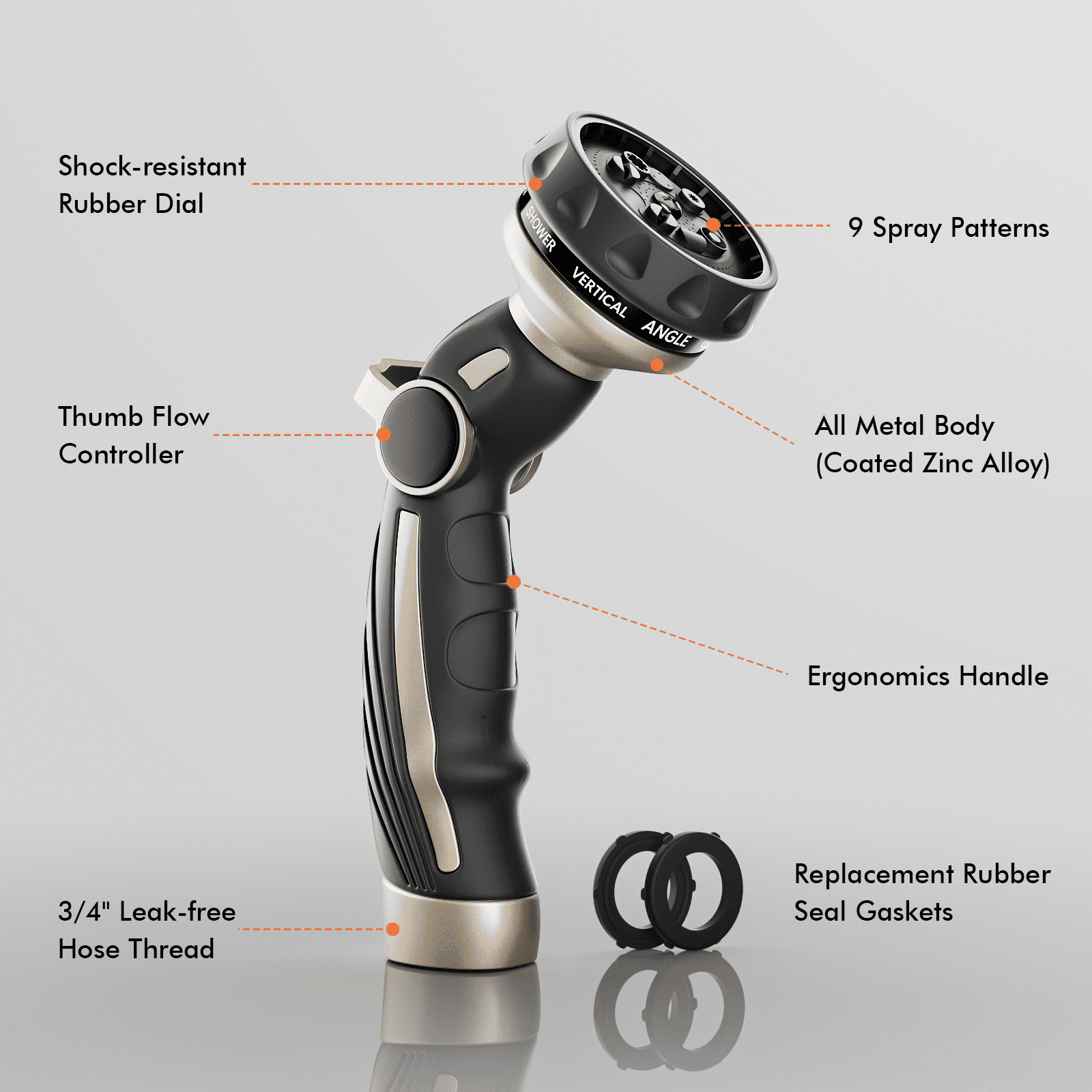 Restmo Hose Nozzle Heavy Duty, Metal Water Hose Sprayer for Garden, 9 Spray Patterns | High Pressure | Thumb Flow Control | on/off Valve, Ideal for Outdoor Lawn & Plant Watering, Car & Pet Washing