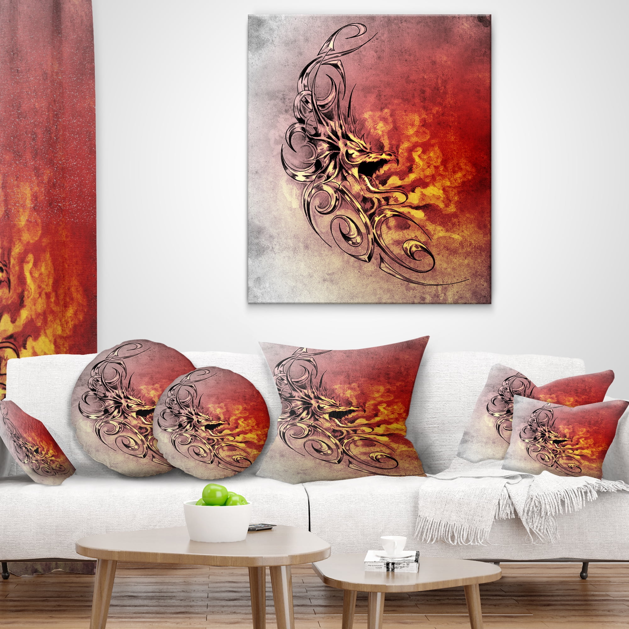 Designart Medieval Dragon Tattoo Sketch - Abstract Throw Pillow - 12x20
