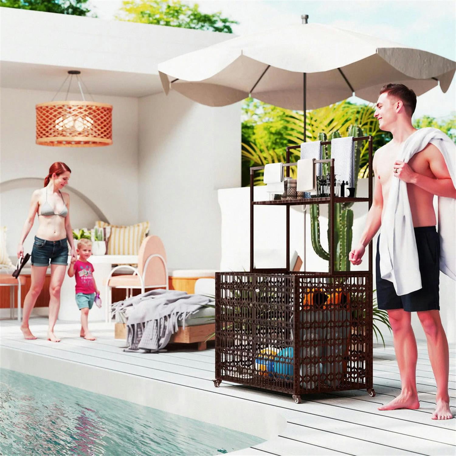 Demi Bonn Wicker Pool Float Holder, PE Rattan Storage Organizer with Basket Shelf, Towel Bars Rolling Caddy for Floaties, Noodles, Life Vests, Beach Balls, Brown