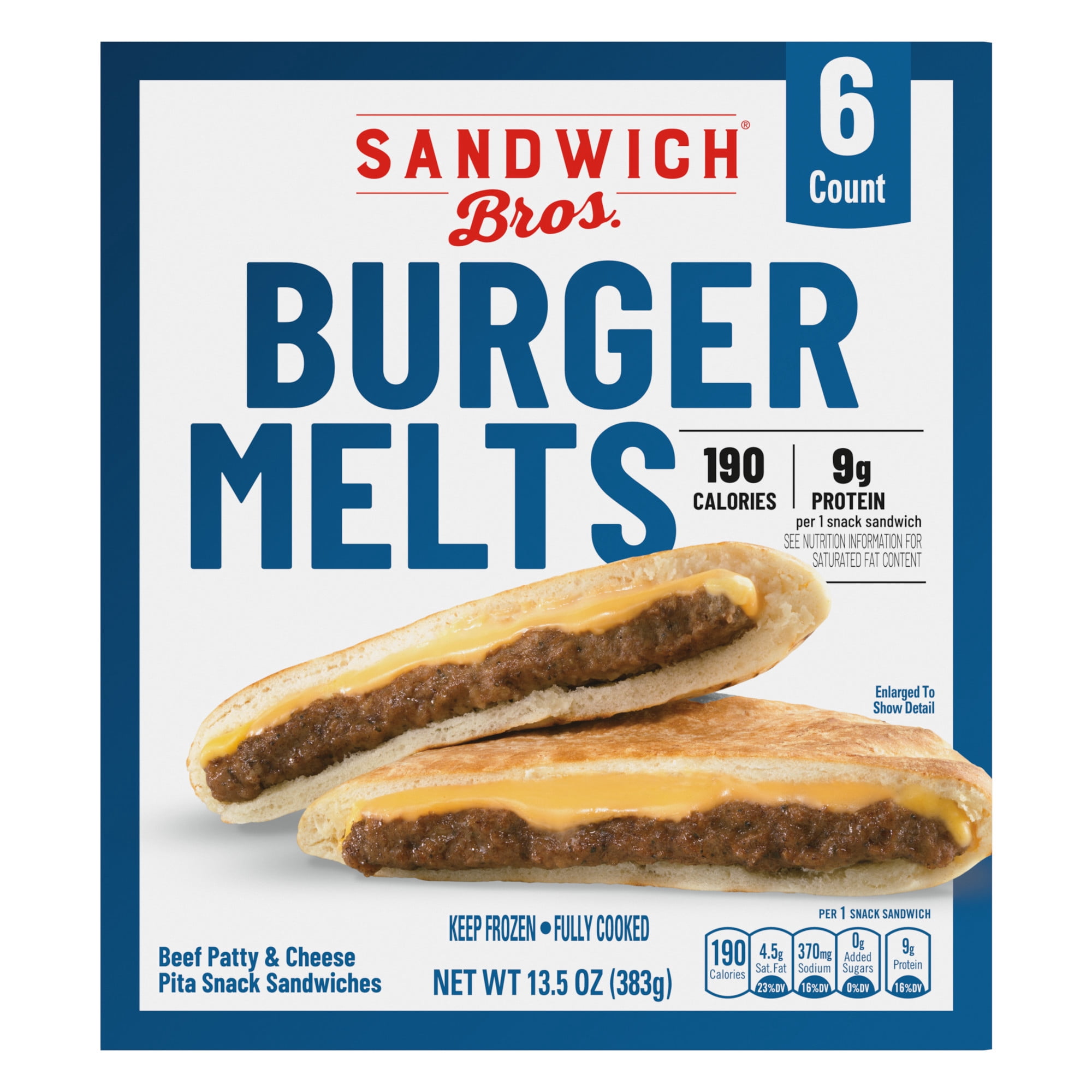 Sandwich Bros. Burger Melts, Frozen Pita Sandwiches, 13.5 oz., 6-Count