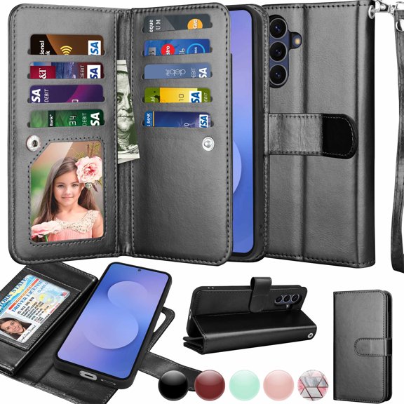 Wallet Case for Samsung Galaxy S25 FE 5G 2025 Wallet Case ,[9 Card Slots] Luxury PU Leather Credit Holder Carrying Folio Flip [Detachable] Kickstand Magnetic Phone Cover & Lanyard [Black]