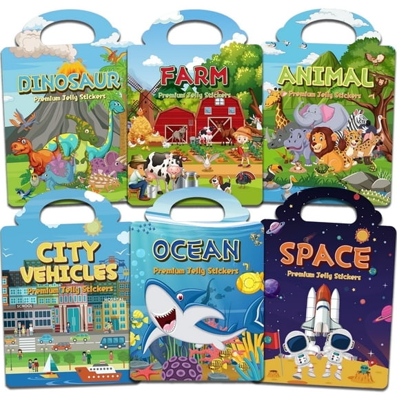 6 Sets Reusable Jelly Sticker Books for Toddlers 3-8, Sticker Books for Toddler, Travel Activity Toys for Kids 3-8 Year Girls Boys