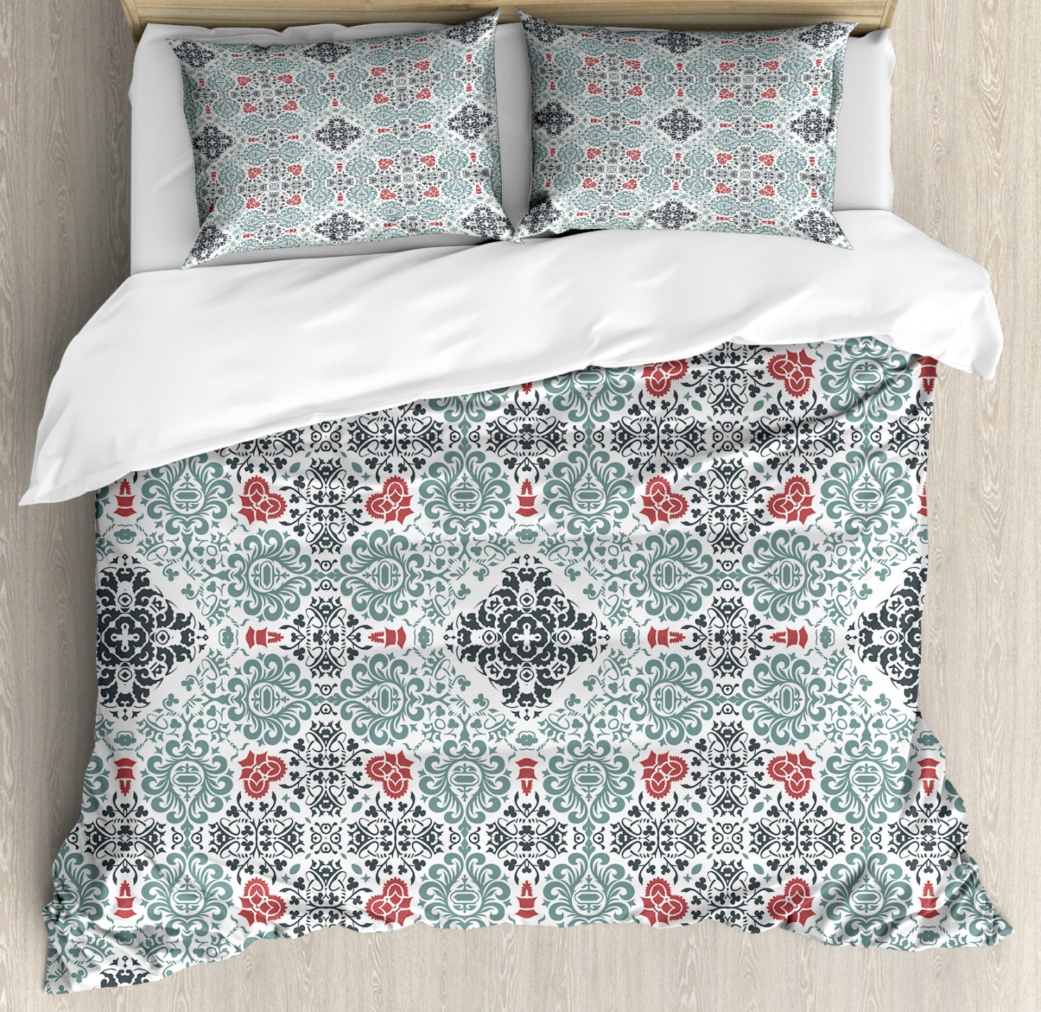 Vintage Duvet Cover Set King Size, Ornamental Composition with Floral Elements Curlicues, 3