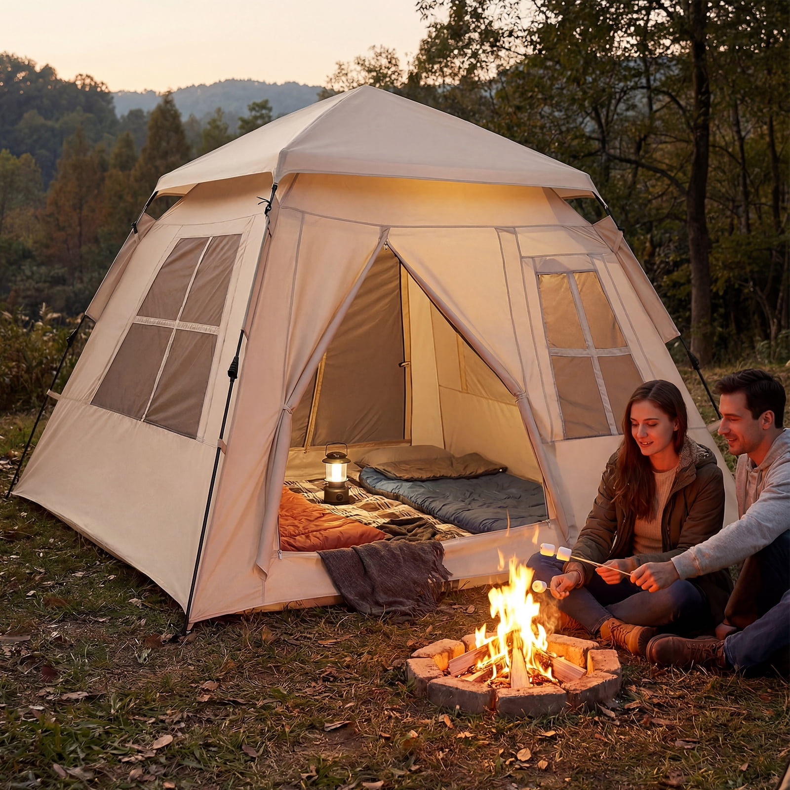 Gymax 4 Person Camping Tent w/Rainfly Mesh Windows 2 Doors & Carrying Bag for Hiking