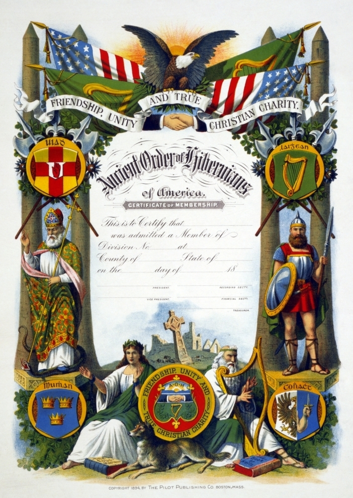 Order Of Hibernians Ncertificate Of Membership To The Ancient Order Of