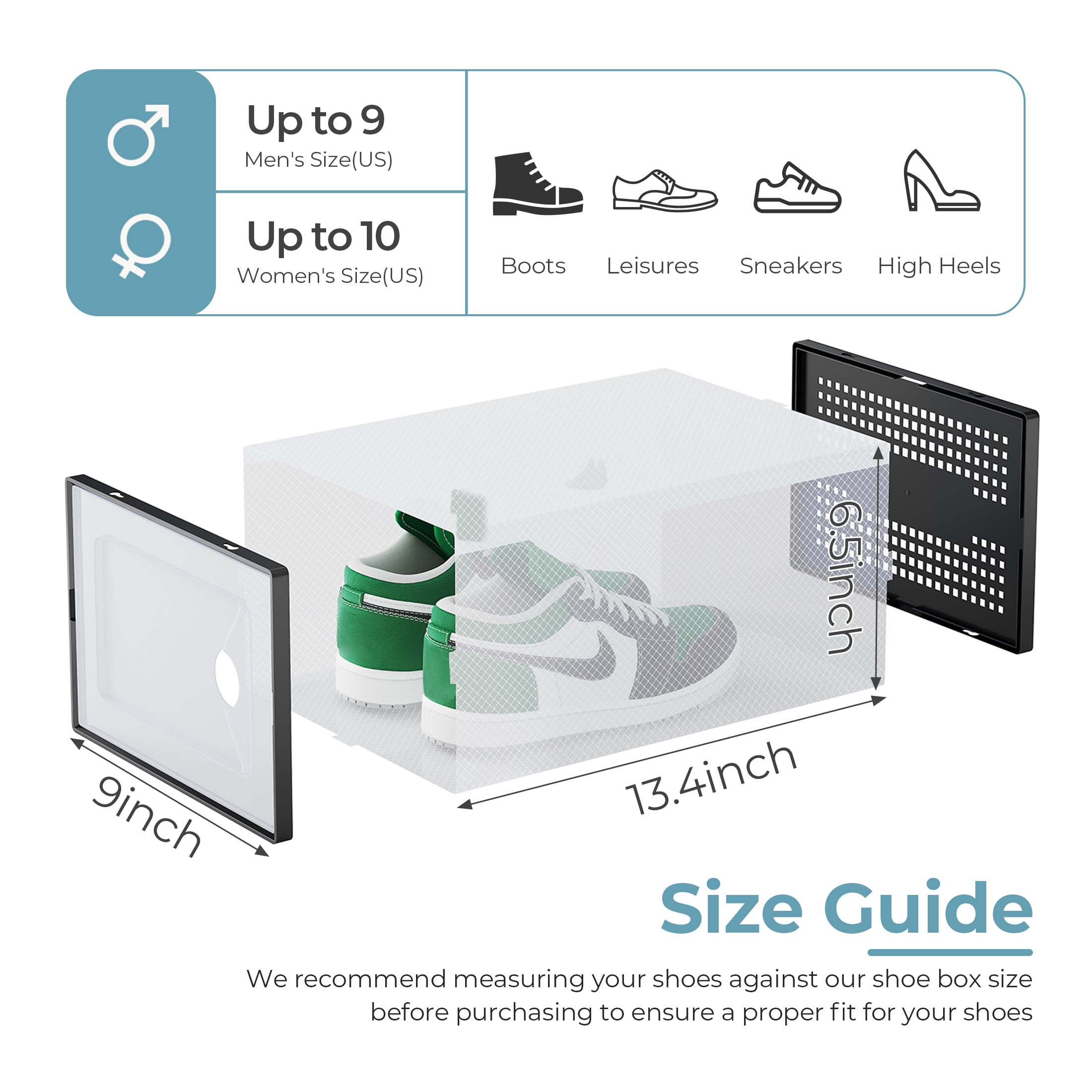 EDX 12-Pack Stackable Clear Shoe Box Organizer, Plastic Storage Bins for Closet Hallway & Bedroom, Ventilated & Stackable Shoe Storage Container Set Holds Shoes up to US Size 9, Black