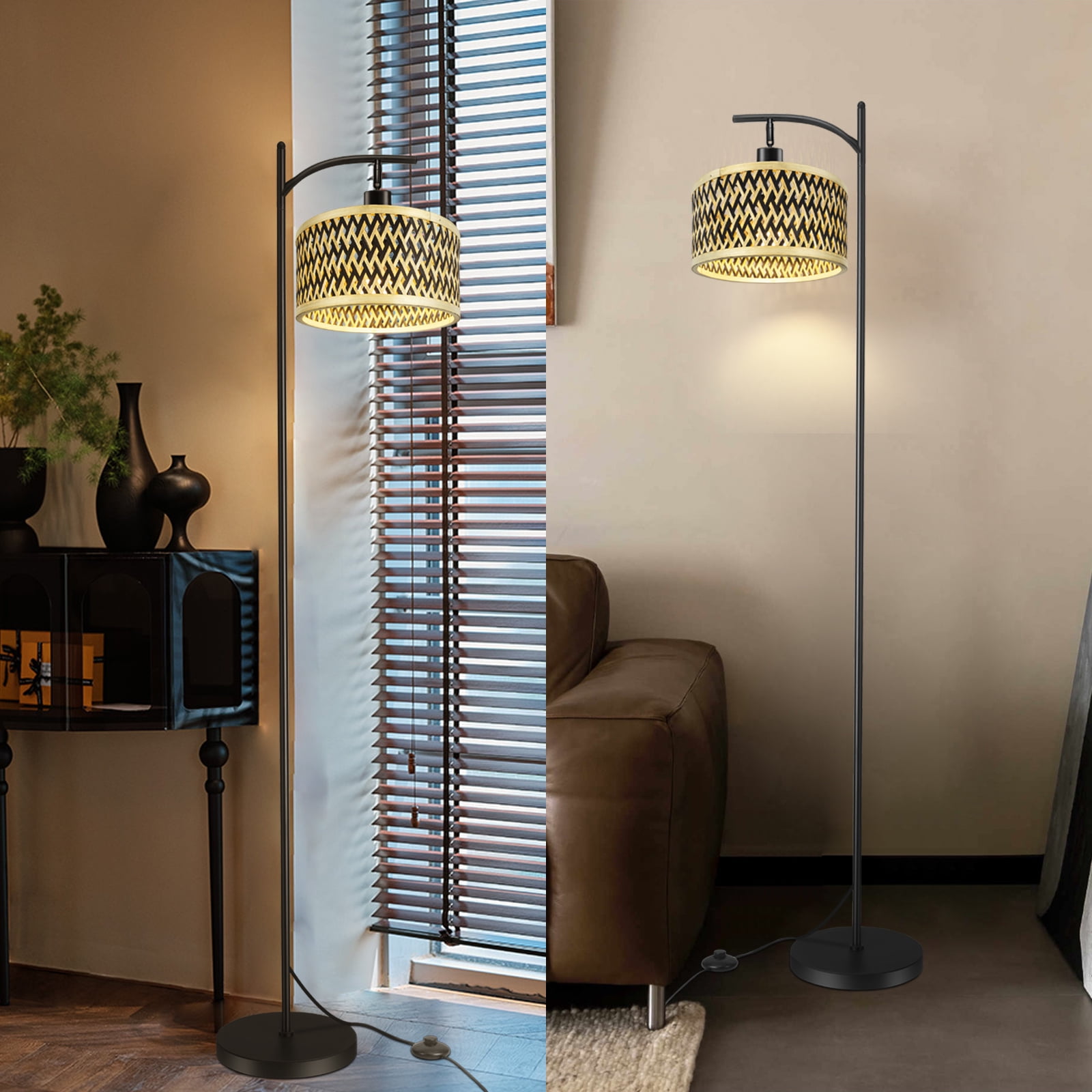 ArcoMead Modern Floor Lamp, Stylish Floor Lamp with Adjustable angle Lampshade, Rattan Boho Tall Standing Lamp for Living Room Bedroom Offfice
