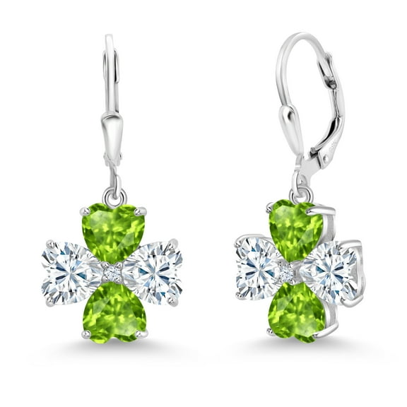 Gem Stone King 925 Sterling Silver White Moissanite and Green Peridot Dangle Earrings for Women (6.28 Cttw, Gemstone, Heart Shape 6MM)