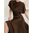 thumbnail image 7 of Coffee Brown Solid Color Round Neck Batwing Short Sleeve Pleated Maxi Dress For Women, 7 of 7