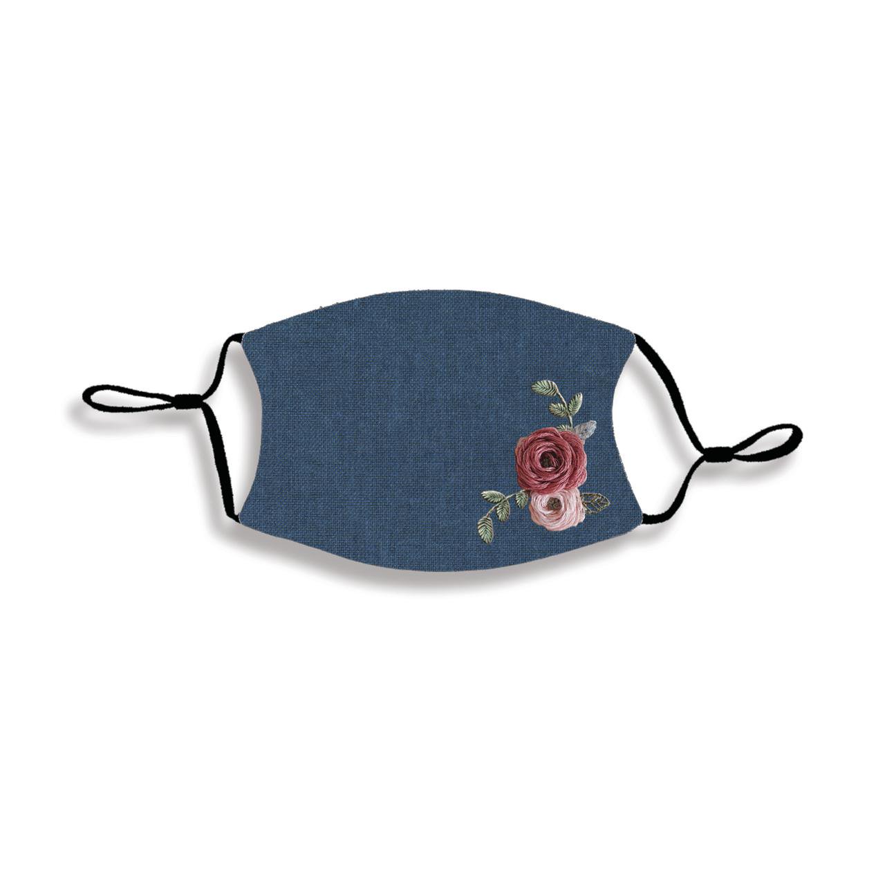 Red And Pink Roses Navy Blue One Size Fabric Fashion Face Covering Mask