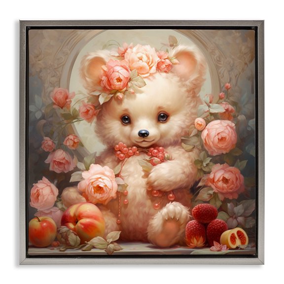 Stupell Industries Cottage Bear with Fruits & Flowers Gray Floating Frame Canvas Art, 25 x 25, by RB