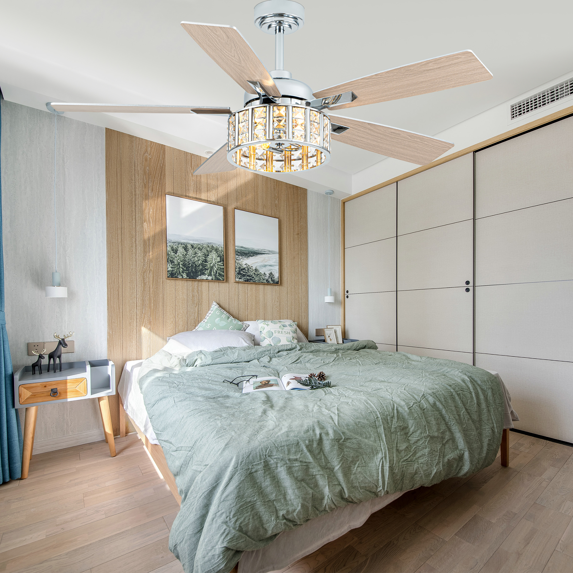 Bella Depot 52" Modern Silver Crystal Ceiling Fan 6-Speed Reversible with Light and Remote Control