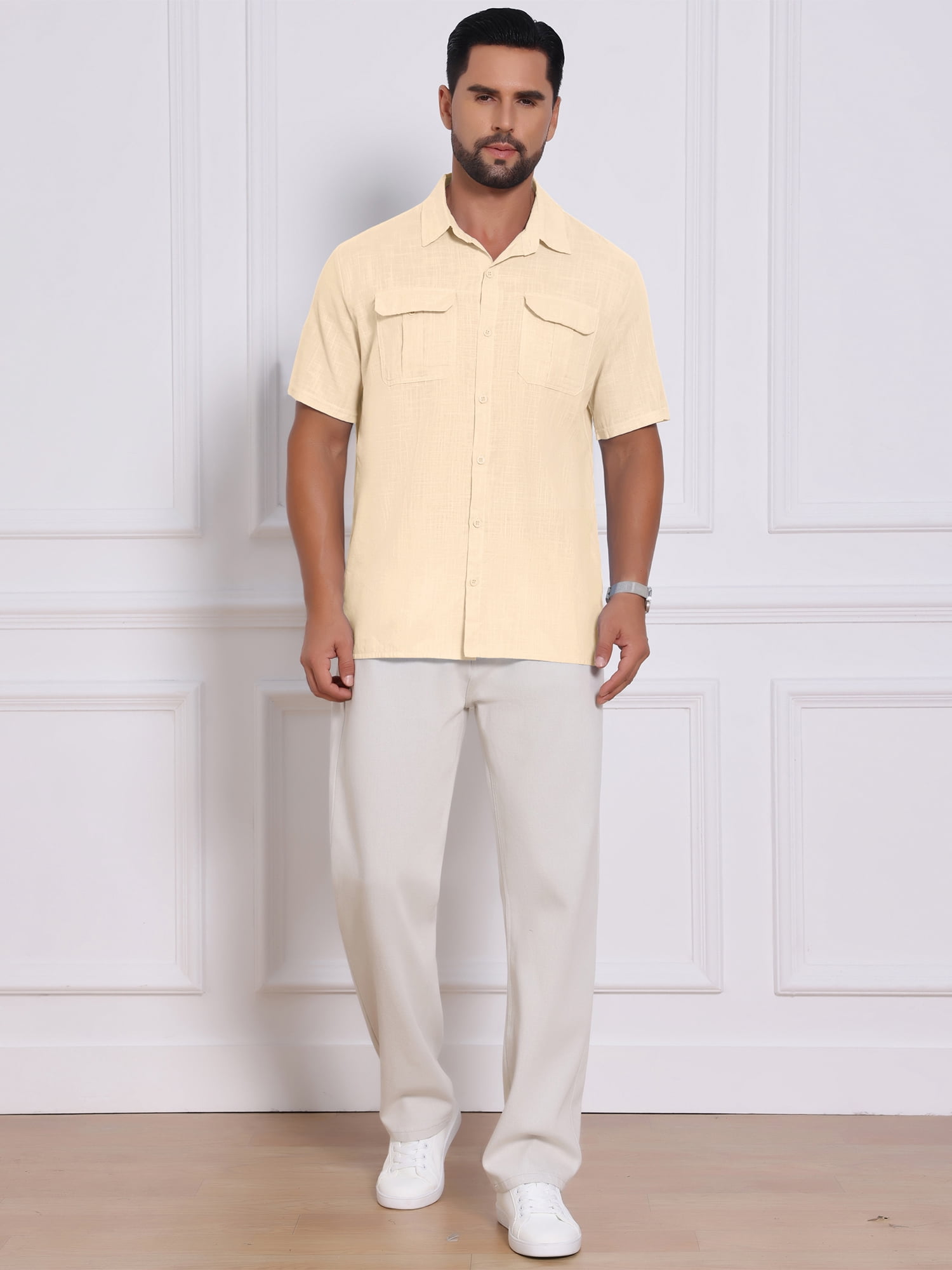 DARING DIVA Men's Solid Color Short Sleeve Button Down Linen Shirt XL Beige