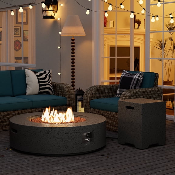 VENTOPYR 40.5-inch Outdoor Propane Fire Pit Coffee Table w Concrete Round Base Patio Heater, 50,000 BTU Stainless Steel Burner, Free Lava Rocks, Rain Cover, Tank Cover, Gray