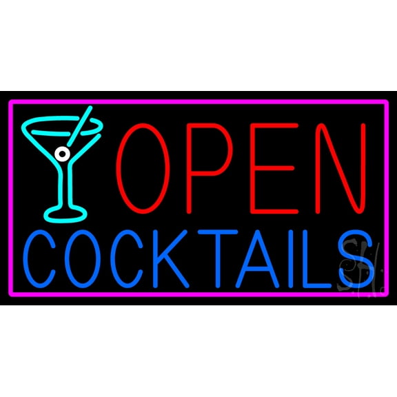 Open With Cocktail Glass LED Neon Sign 20 x 37 - inches, Clear Edge Cut Acrylic Backing, with Dimmer - Bright and Premium built indoor LED Neon Sign for Bar decor.