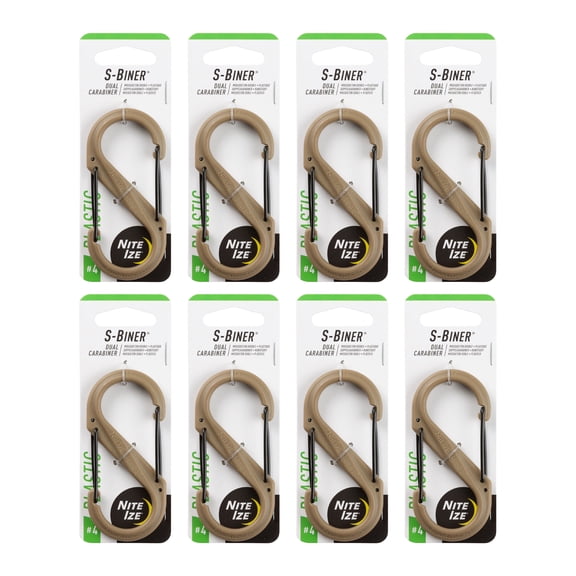 Nite Ize S-Biner Dual Carabiner Plastic - Durable Dual Carabiner with Wire Gate Closure for Organizing Keys & Keychain Attachments - Size 4, Coyote (8 Pack)