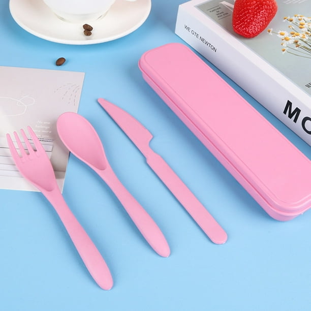 Juego de utensilios de viaje reutilizables con estuche, cuchillo portátil, tenedor, cucharas, vajilla de paja de trigo rosa, cubiertos ecológicos sin BPA para niños y adultos como utensilios de viaje TUNC Sencillez