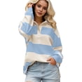 thumbnail image 2 of Women Striped Color Block Polo Sweatshirt Lapel Collared Long Sleeve Oversized Shirt Trendy Spring Clothes (Blue M), 2 of 5