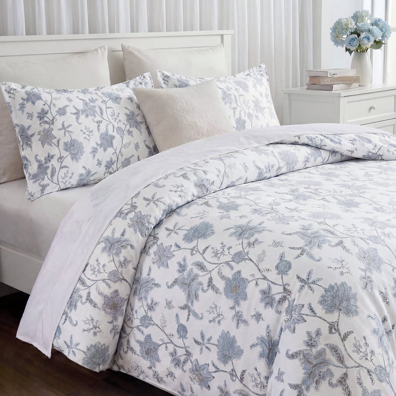 Blue Floral Duvet Cover King Size, 100% Cotton Bedding Set with Zipper Closure & Corner Ties, Soft Breathable Branches Botanical Floral Duvet Cover Set for All Seasons