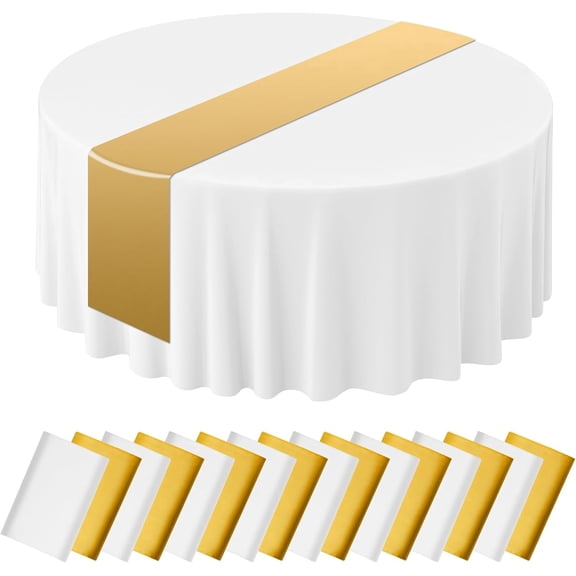 84" Round Plastic Tablecloth 12 x 108 Satin Table Runners Set, 16Pcs White and Gold Disposable Tablecloths, Table Cover for Wedding Birthday Party Baby Shower