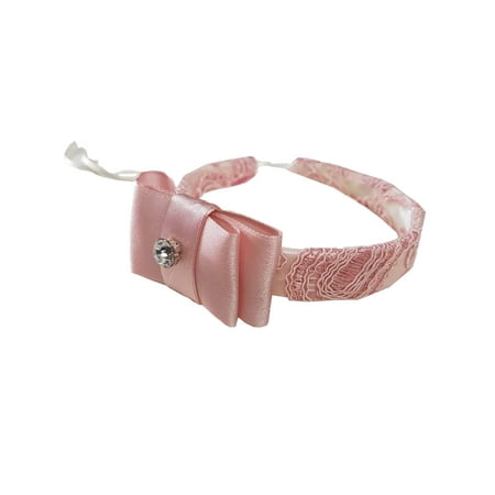 Bow Satin Crystals - Girls Light Pink Satin Bow Crystal Embroidered Headband Diadem