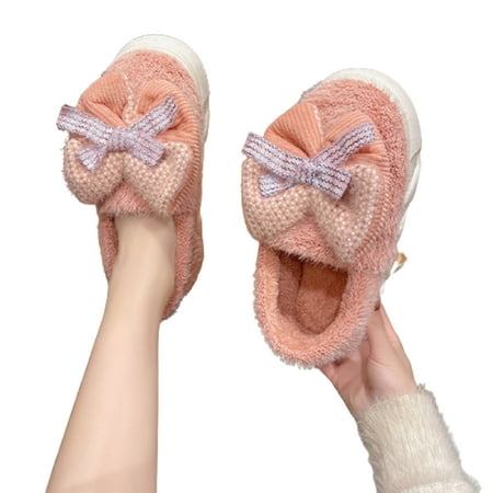 

Womens Plush Slippers with Anti-slip Sole and Bow Platform Shoes Winter Indoor Home Supply
