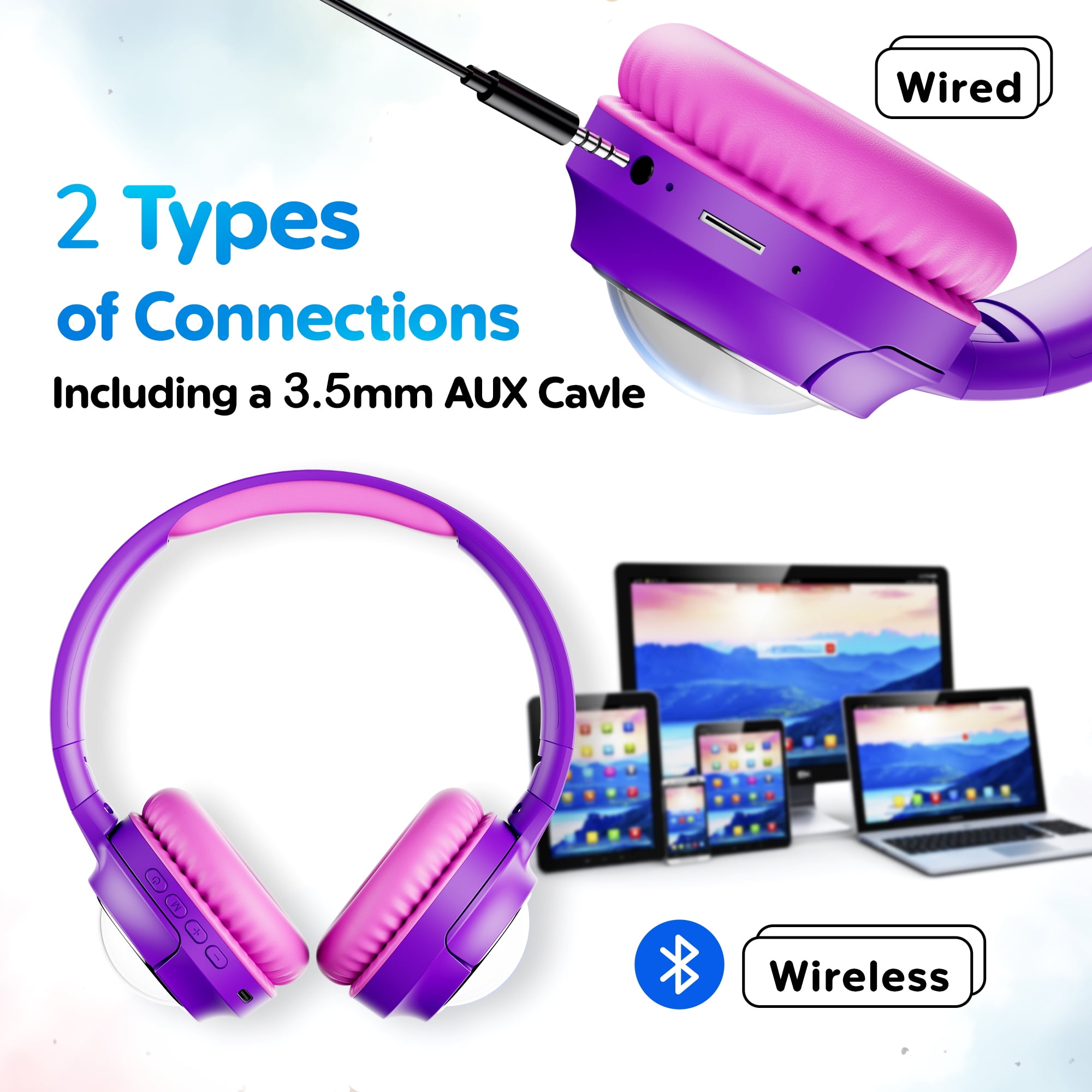 Contixo Foldable Kids Headphones with Microphone, Noise-Limiting Bluetooth Headphones, Purple