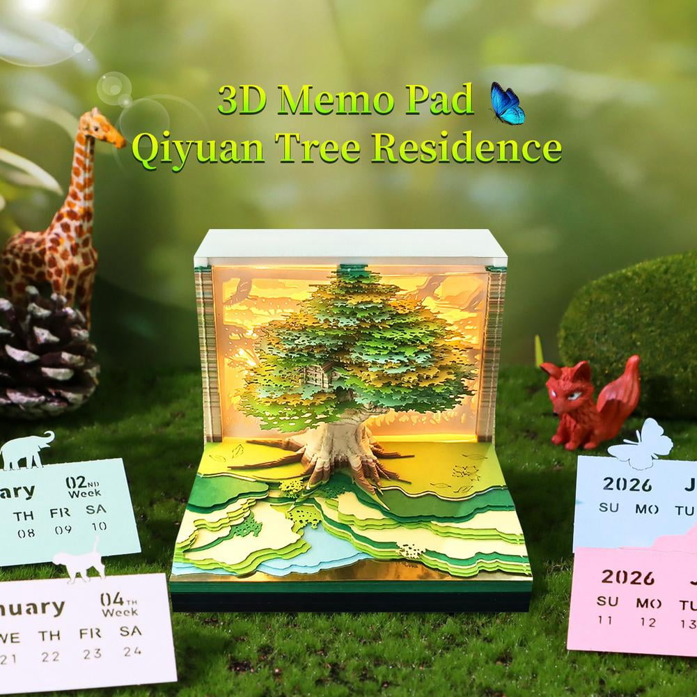 ZOUBAOQ 3D Desk Calendar 2026, 3d tear away calendar, Desk Calendar Weekly Planner with Light, 3D Memo Pad Creative Time Piece Calendar Magic Tree Rip Away Paper Carving