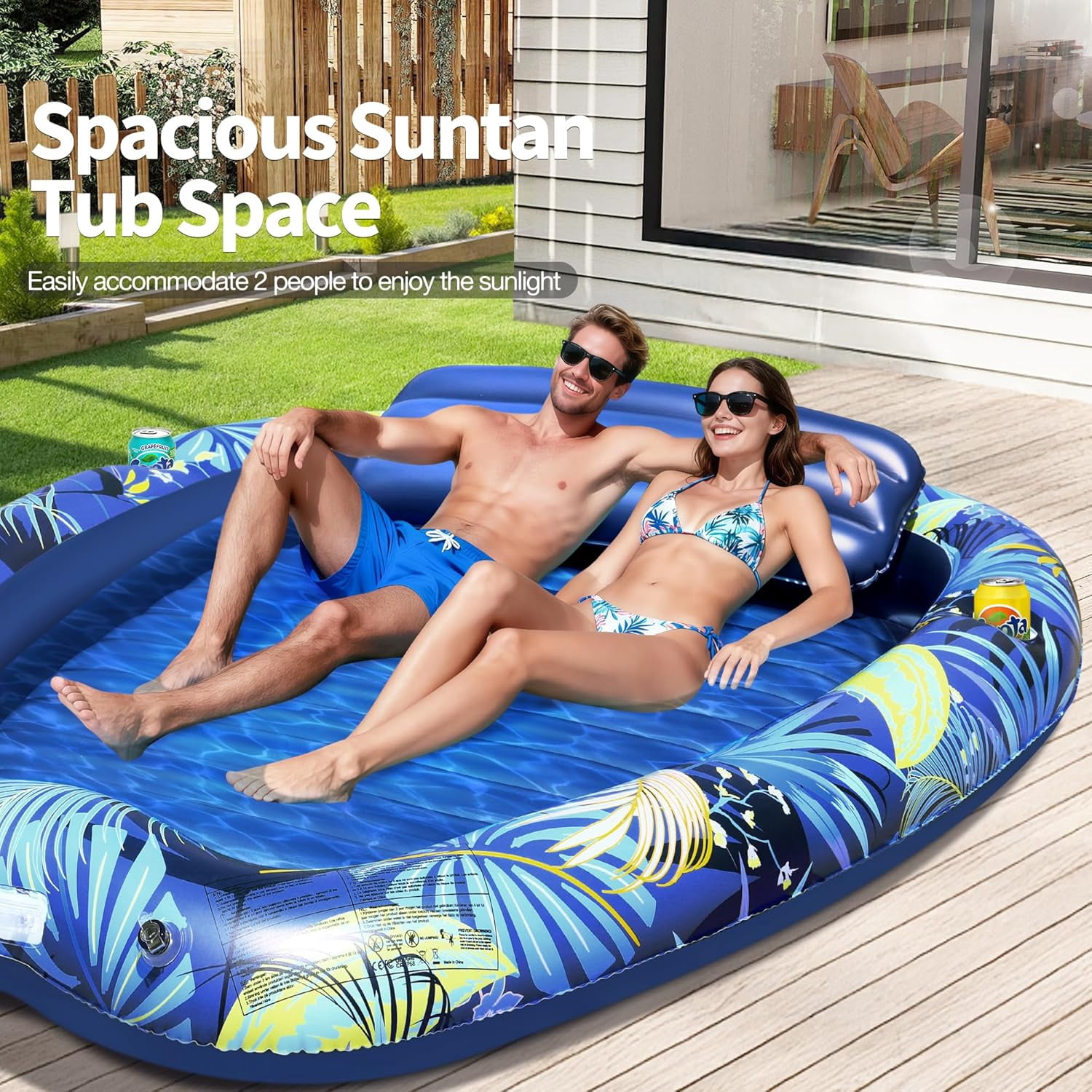 2026 Luxury 2 Person Inflatable Tanning Pool Lounger Float, 90 x 67 Inch Extra Large Inflatable Tanning Bed, Sunbathing Pool with Drink Holders & Handles, Personal Suntan Tub for Backyard