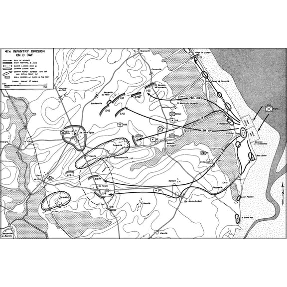 24"x36" Gallery Poster, d-day 4th infantry division map