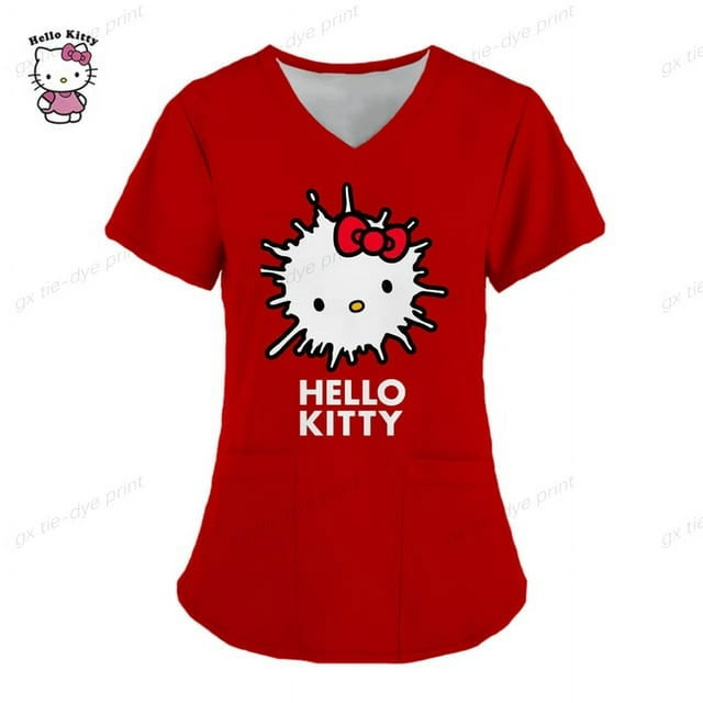 Haut de Blouse pour Femmes à Manches Courtes Col en V uniforme d'Infirmière Hello Kitty Imprimé Blouse de Travail T-shirts pour Dames uniforme Infermera mujer FGS