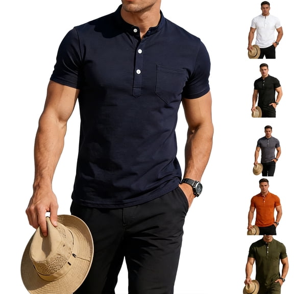 Men’s Short Sleeve Polo Shirt with Pocket Classic Fit Soft Cotton Material Three Button Placket Collar