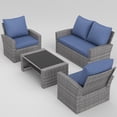thumbnail image 2 of UDPATIO 4 Piece Outdoor Sectional Conversation Sets， Wicker Patio Furniture Set with Gray PE Rattan Patio Sofa Set for Balcony, Porch, Backyard, Blue, 2 of 8